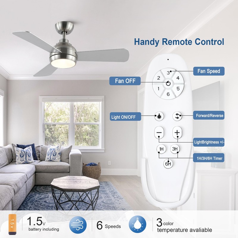 putroad 42 Inch Ceiling Fans with Lights, Modern Brushed Nickel