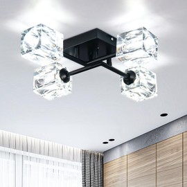 diisunbihuo Vintage Sputnik Ceiling Light Matte Black Semi Flush Mount Ceiling Light Modern 4 Light Chandelier Ceiling Light for Kitchen Bedroom Living Room Hallway (Square Crystal Shade)