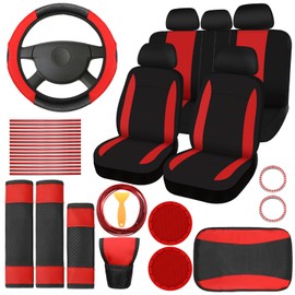 Estune 41 Pcs Black Red Car Accessories Set Automotive Seat Covers Steering Wheel Cover Seat Belt Pad Shift Sleeve Start Button Rings Armrest Cup Holders Vent Outlet Trim Scraper for Auto Interior