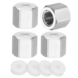 sourcing map 4pcs Hex End Cap 304 Stainless Steel Nut with Washer, PT 1/8" Female Thread Pipe Fitting, Gas Line Water Line Stop Valve Cap Tubing Ends for Plumbing Fittings, Silver Tone