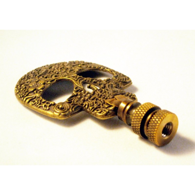 Lamp Finial-Aged Brass D.O.D. Skull on Aged Brass Base