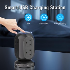 Tower Extension Lead-Power Strips with USB Ports with 8 Outlets and 2 USB Ports,2 USB-C(PD20W) Power Tower Extension,Power Tower with 6 Feet Extension Cord with Multiple Outlets for Home Office Dorm