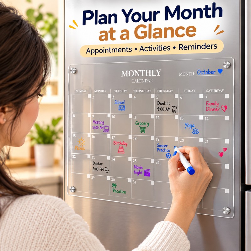 Magnetic Acrylic Fridge Calendar – Clear Dry Erase Monthly Planner