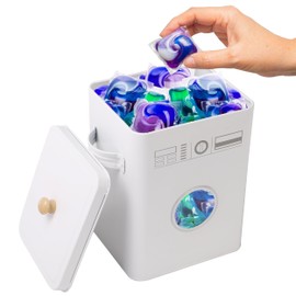 Skywin Metal Laundry Pod Container with Lift-Up Lid Wooden Handle for Laundry Room Organization, Dishwasher Pods Container (White)