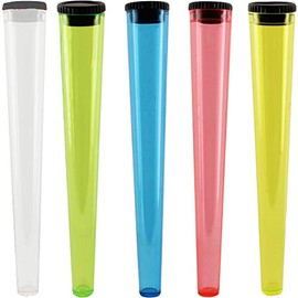 Cherry-on-Top King Size Cone Holder Air Tight Hard Plastic Tube Smoking Rolling Cig Tube, 5 Holders Red, Yellow, Blue, Green, Clear