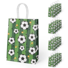 Pinsit 16Pcs Soccer Party Favor Paper Bags, Football Themed Party Bags,Soccer Goodie Bags with Handles, Treat Candy Gift Bags for Kids Adults Soccer Party Supplies (Green)