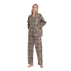 GLOBAL Women's Flannel Pajamas Set 100% Cotton PJs for Women Long Sleeve Pijama Button Warm Loungewear, Leopard, 3X-Large