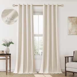 Jowels Beige Linen Blackout Curtains 100 Length 2 Panels Set for Living Room Bedroom, 100% Black Out Thermal Insulated Linen Drapes, Room Darkening Grommet Curtains 100 Inches Long