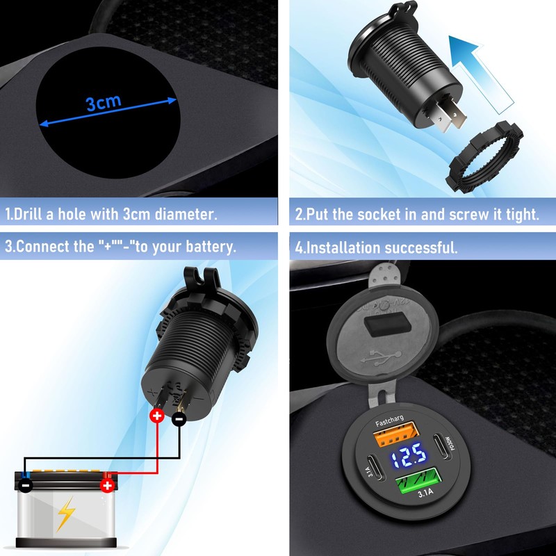 Qidoe 66W 12V USB Outlet, 4 Port Dual PD &