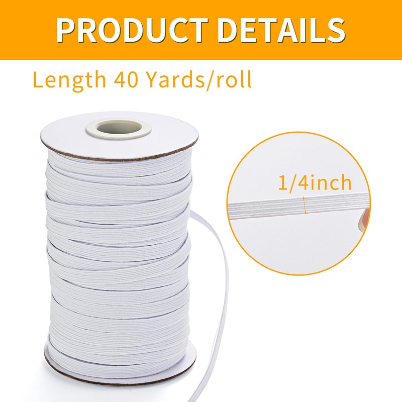 XKDOUS Elastic Band for Sewing, 1/4 Inch 40 Yards White