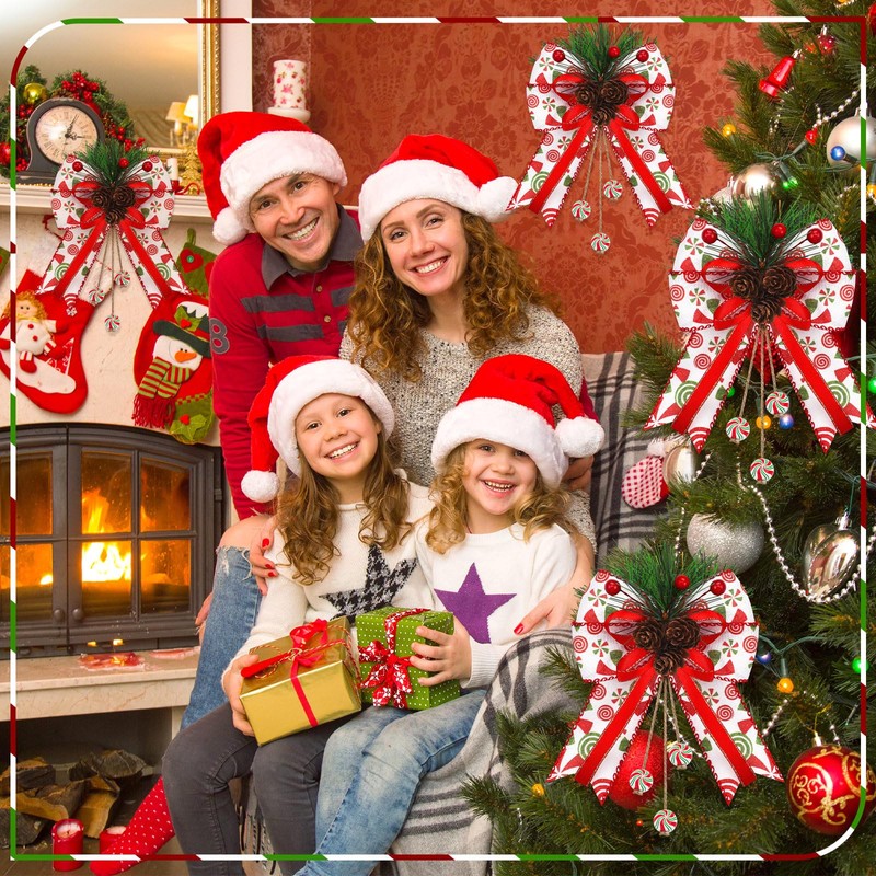 4 Pcs Christmas Bow Decor Glitter Dot Bow Ornament, Green,