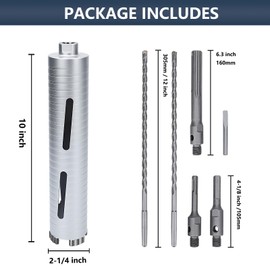 2-1/4 inch Diamond Dry Core Drill Bit, 10" Drilling Depth, 5/8"-11 Thread for Concrete Granite Masonry Brick Block, Includes 3 Adapters SDS Plus, SDS Max and Hex (2-1/4 inch)