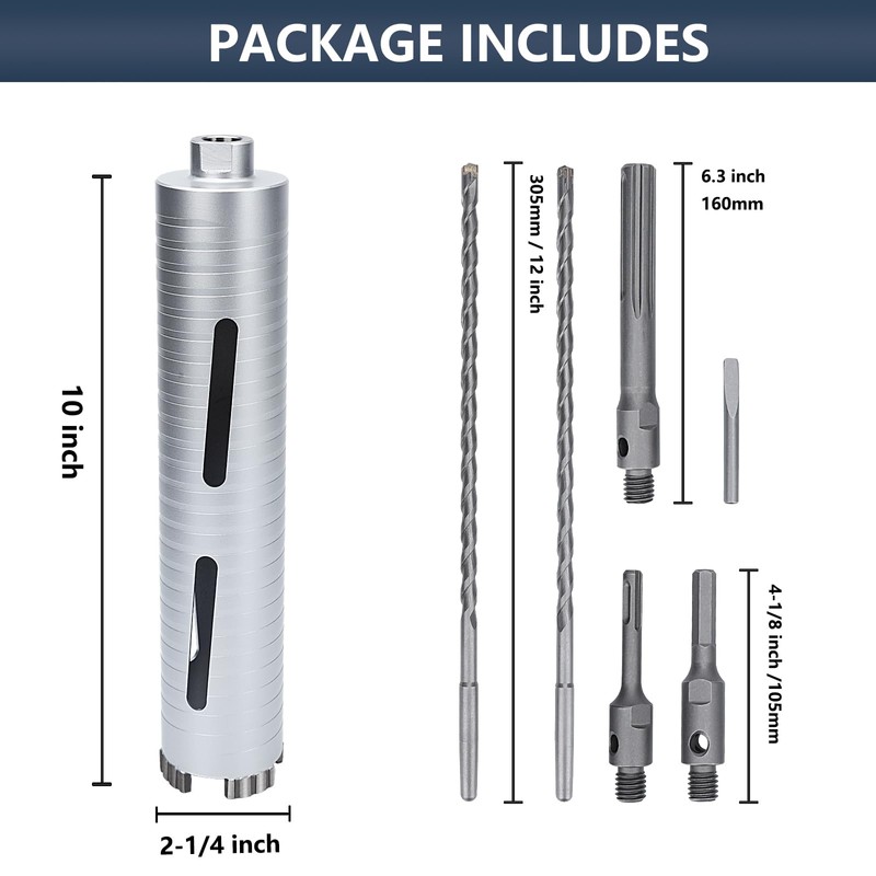 2-1/4 inch Diamond Dry Core Drill Bit, 10" Drilling Depth,