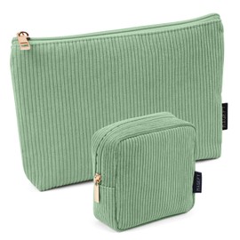 MAGEFY Small Makeup Bag, 2 Pcs Corduroy Makeup Bag for Purse Make Up Organizer Bag Mini Pouch with Slip-in Pockets Aesthetic Preppy Stuff - Green