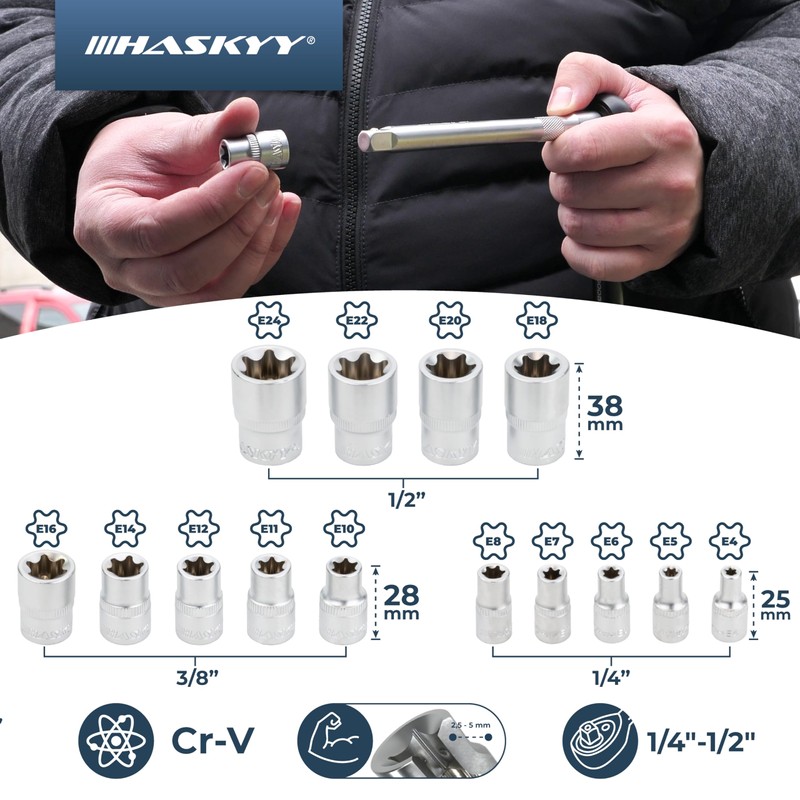 HASKYY Torx Socket Set 14-Piece E-Profile External Torx Socket Spanner