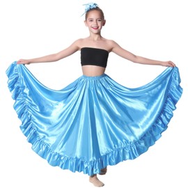 Long Mexican Folklorico Dance Skirt for Girls, Full Dancing Circle Ruffle Style, Sizes 8-12 Years (US, Alpha, One Size, Regular, Lakeblue)