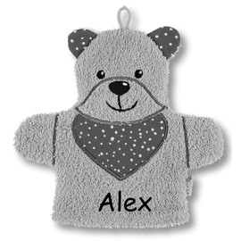 Sterntaler Play Wash Mitt Bear Baylee Embroidered with Name, Face Cloth for Children and Babies, 24 cm (Grey)