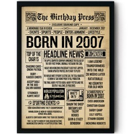 Stuff4 18th Birthday Poster Framed - Born In 2007 Vintage Newspaper - Happy 18th Birthday Gifts for Women Men Retro Back In 2007, 8x10 Inch Eighteen Eighteenth Decor Decoration Bday Party