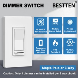 BESTTEN 10 Pack Dimmer Light Switch, for LED Dimmable Lamp, CFL, Incandescent, Halogen Bulb, Single Pole or 3-Way LED Slide Dimmer Switches, Screwless Wall Plate Included, UL Listed, White
