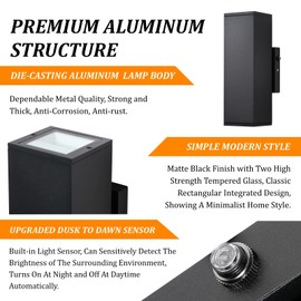 DAKAFUL Dusk to Dawn Outdoor Lighting Sensor Porch Lights 2 Packs, 12W 2700K Integrated LED Up Down Lights Outdoor, IP65 Waterproof Aluminum Wall Sconce Exterior Wall Light for Porch Patio etc.