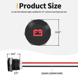 RVMARINEPAT 12V LED Indicator Light Small Indicator Light Waterproof 1/2" Panel Cutout 12 Volt 24 Volt Metal LED Indicator Pilot Dash Light with 300MM Wires -7PCS Black