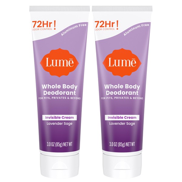 Lume Whole Body Deodorant - Invisible Cream Tube - 72 Hour Odor Control - Aluminum Free, Baking Soda Free, Skin Safe - 3.0 ounce (Pack of 2) (Lavender Sage)