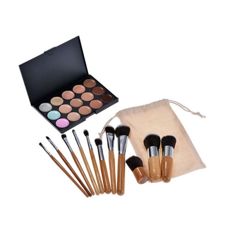 Makeup Brush Set Cream Concealer Palette Wooden Bamboo Handle Carrying