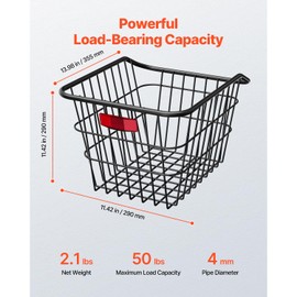 Happybuy Rear Bike Basket, Durable Metal Wire Carrier with Reflective Tail Light & Waterproof Cover, Fits Most Rear Bike Racks