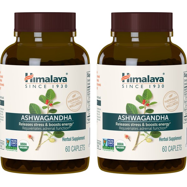 Himalaya Organic Ashwagandha, 4 Month Supply for Stress Relief, USDA Certified Organic, Non-GMO, Gluten-Free Supplement, 100% Ashwagandha powder & extract, 670 mg, 60 Caplets, 2 pack
