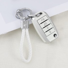 PIFOOG for Kia Key Fob Cover TPU White Silver 4 Buttons Keys Case Shell Protector Bling Keychain for Kia Sorento Optima Soul Sportage Niro Forte Rio Accessories Girly Women Men