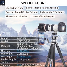 Carbon Fiber Tripod-INNOREL GT255C Professional Camera Compact Tripod Stand for Travel Outdoor Digital DSLR with Low Gravity Center Ballhead Special-Shaped Center Column Max Height 67.7in/172cm