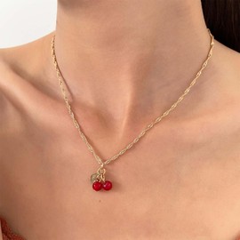 Aneneiceera Vintage Red Cherry Pendant Necklace Fruit Cherry Choker Necklaces Red Cherry Necklaces Gold Chain Necklace Jewellery For Women