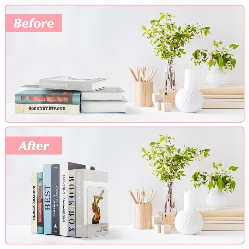 YRYUNRUI 8PCS Acrylic Bookends and 8PCS Heart Leather Bookmarks, Clear
