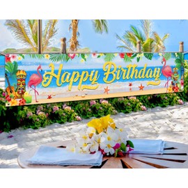 Tropical Luau Birthday Party Decorations, Large Hawaiian Happy Birthday Banner Yard Sign for Summer Flamingo Aloha Beach Theme Hawaiian Birthday Party Decorations Supplies Indoor Outdoor, 8.3x1.6Ft