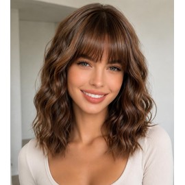 Brown Highlights Wig with Bangs for Women,12 Inch Wavy Bob Hair