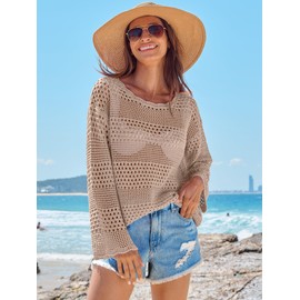 ANRABESS Womens Crochet Cover Up Summer Long Sleeve Loose Fit Casual Sweater Tops Hollow Out Knit Swimwear 2025 Beach Shirts Khaki Medium