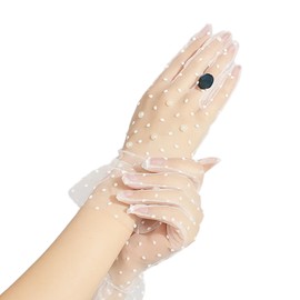 KMYZQDV Lace Gloves for Tea Party Women's White Mesh Sheer Gloves with Pearls Ruffle Trim Style Pearl Bridal Elegant Accessories for Wedding Church Vintage Outfit