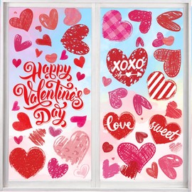 CUUSNNY Valentines Window Clings,Double-Sided Red Pink Hearts Happy Valentine's Day Decals for Home Wedding Anniversary Party Glass Decorations (6 Sheets)