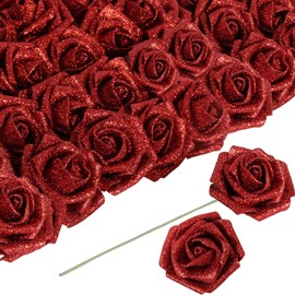ICBOX Artificial Flowers 30 pcs Red Glitter Roses Artificial Flowers with Stem, 2.36 in/6 cm Glitter Foam Roses Fake Flowers for DIY Wedding Bouquets Party Home Decor(Red)
