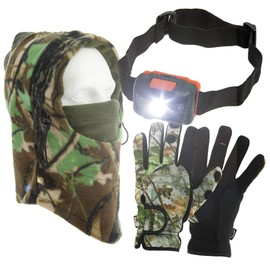 Fishing Neoprene Gloves Folding Fingers + LED Head Torch + Camo Snood Hat Gloves Available in Small Medium Large & Extra Large (Medium Size Gloves)