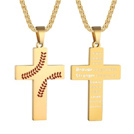 HattiDoris Baseball Cross Necklace for Men Inspirational Bible Verse Cross Pendant Stainless Steel Chain 22+2 inch Baseball Sports Jewelry Baseball Gift for Men Women(G-Brave Strong)