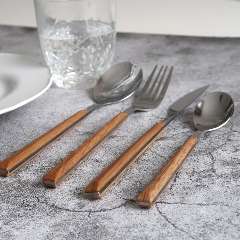 16Pc Cutlery Set Wood Grain Effect Tableware Stainless Steel ABS