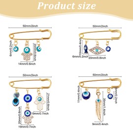 WEBEEDY Pack of 4 Nazar Boncuk Evil Eye Safety Pins Lucky Charm with Turkish Eye Brooch Turkish Blue Evil Eye Amulet Safety Jewellery Brooch for Women Men
