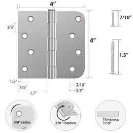 HOSOM 3 Pack Brushed Nickel Exterior Door Hinges 4 Inch, 5/8" Radius, Removable Pin, Perfect for Heavy-Duty Front & Back Door, Antirust & No Squeaks