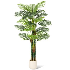 Palm Artificial Tree 7ft Tall Tropical Palm Tree UV Resistant Fake Tropical Golden Cane Palm Tree, Large Faux Palm Plants for Indoor, Outdoor, Patio, Poolside, Lawn, Porch and Home Office Decor, 1Pcs