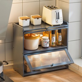 Countertop Storage Cabinet, Multipurpose Organizer Cabinet w/Glass Doors, Bamboo Kitchen Pantry Sideboard, Console Dining Cupboard (Gray, Lamps not Included, 20.5" D x 9.8" W x 19.7" H)