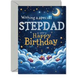 Step Dad Birthday Card - Starry Night Moon Clouds - Happy Birthday Card for Step Dad from Son Daughter, A5 Male Bday Greeting Cards