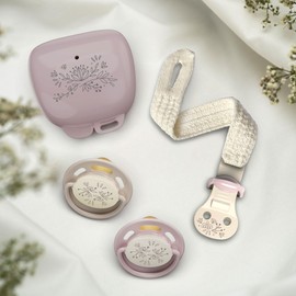 nip Cherry Green Dummy Set, Limited Edition, 0-6 Months, Sustainable: Dummy, Dummy Strap and Dummy Box Made from Natural Raw Materials, Lavender Purple