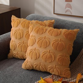 DFXSZ Fall Pillow Covers 18x18 Set of 2 Fall Decorations Light Orange Pumpkin Throw Pillow Cases Soft Plush Faux Fur Wool Couch Cushion Case for Chair Sofa Bedroom Living Room Home Decor PTK012D18
