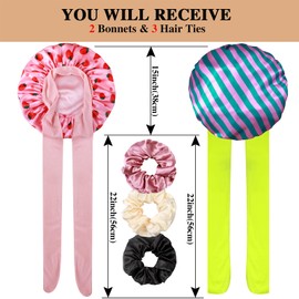 2+3 Large Satin Bonnets with Scrunchies for Women, Hair Bonnet Sleeping Tie Bonnet for Braids Curly Hair, K